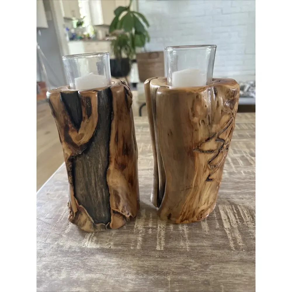 Colorado Aspen Wood Set Of 2 Hand Carved Votive Candle Holders 7”